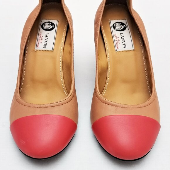 LANVIN Paris Leather Cap Toe Ballerina Pump Heel Round Colorblock Toe Italy 37.5 - Picture 11 of 12